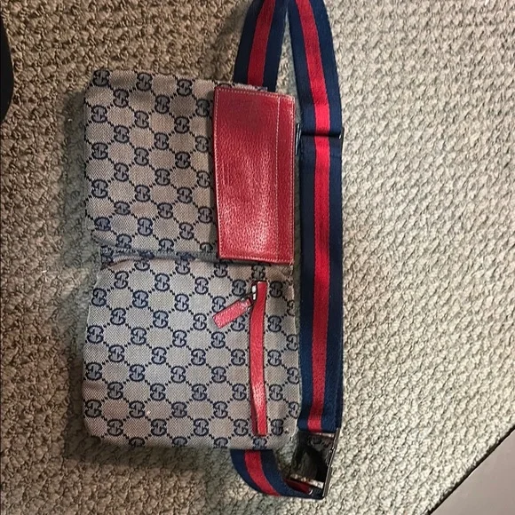 Gucci Beige Monogram Belt Bag with Red and Blue Strap - Picture 1 of 6